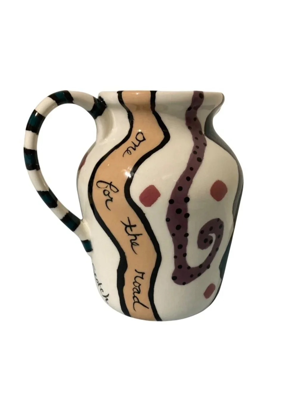 Hand Painted Barware Ceramic Pitcher With Abstract Design Fun Drink-Themed Text